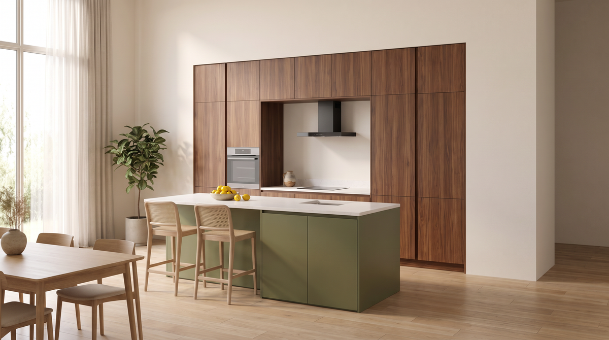 Modular kitchen with an island in a bright room