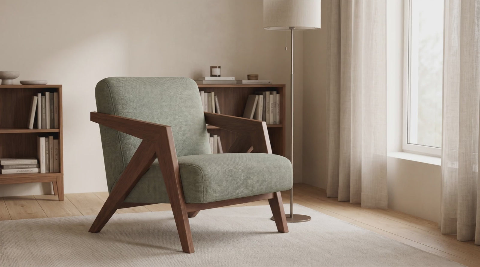Axis Sage lounge chair in a reading corner, slow camera move