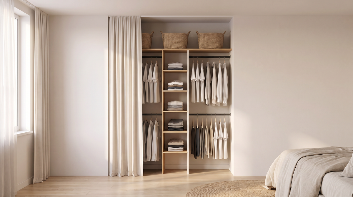 Alcove Reach-In closet styled in a calm bedroom with a linen-dressed bed and jute rug