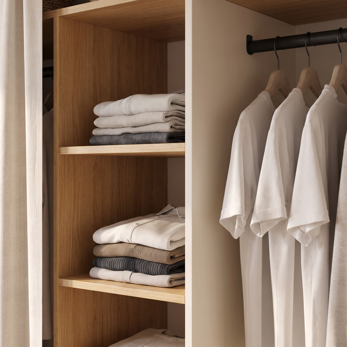 Alcove Reach-In detail: honey ash shelves with folded knitwear beside an ivory panel and black hanging rail