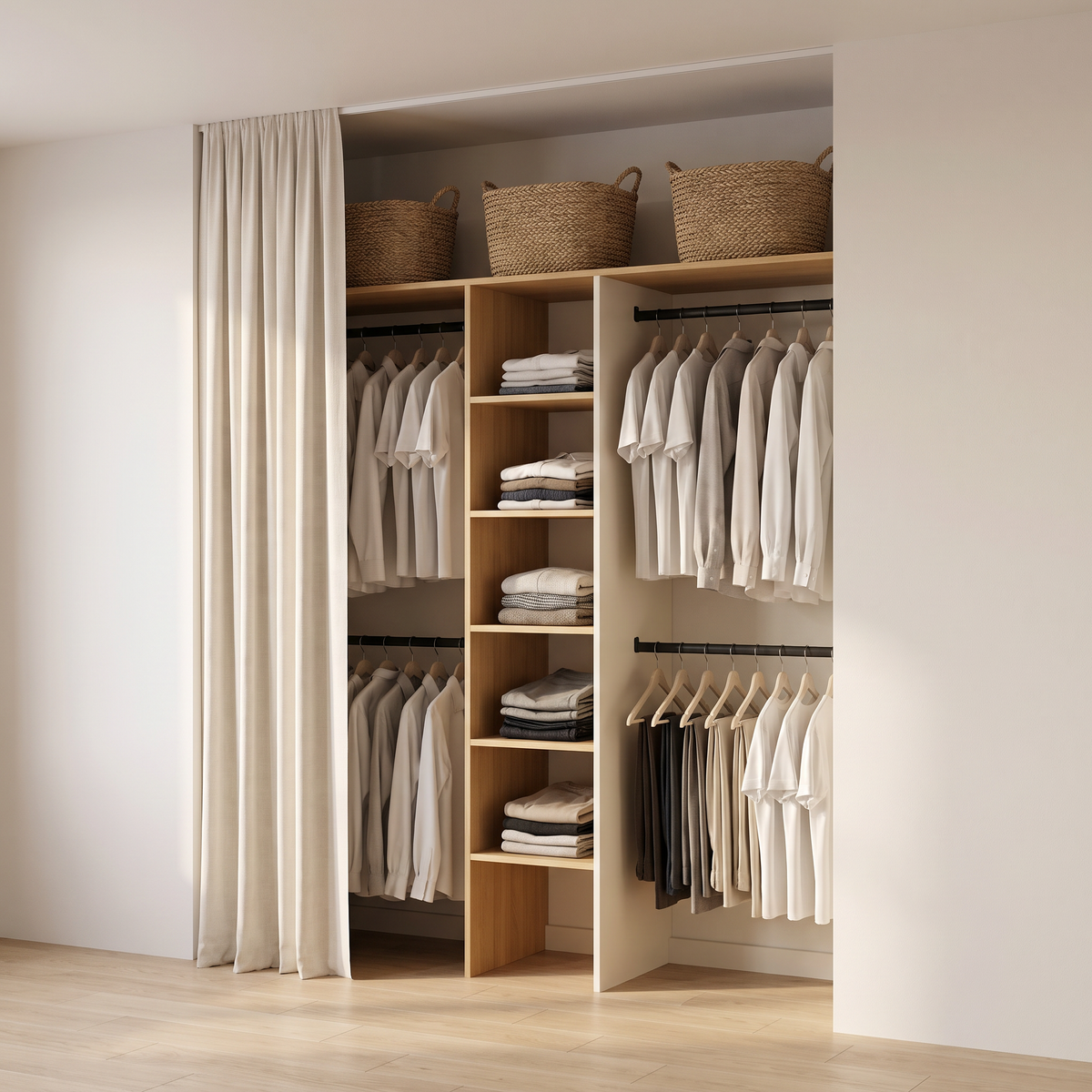 Alcove Reach-In design proposal: open alcove closet with ivory side panels, honey ash shelf tower, double black hanging rails, woven baskets and an ivory linen curtain, front three-quarter view