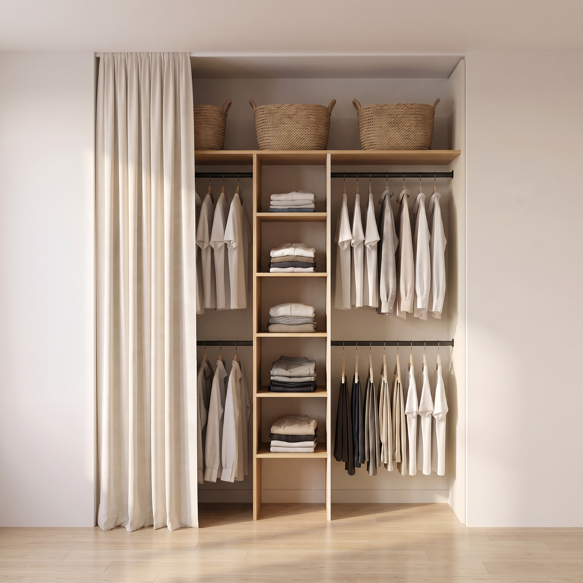 Alcove Reach-In open closet with ash shelf tower and double hanging rails, straight front view