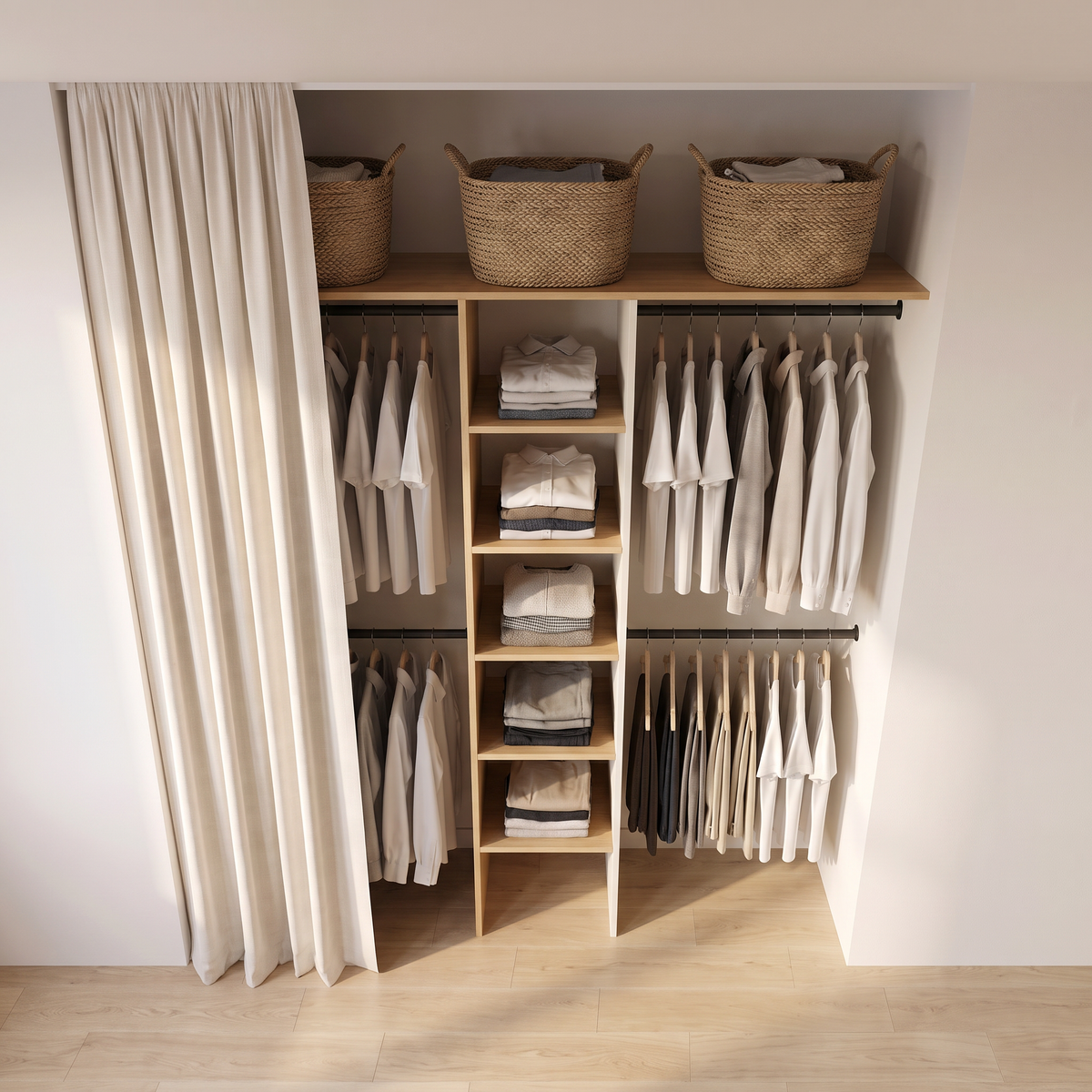 Alcove Reach-In closet with woven baskets on the top shelf and folded clothes on ash shelves, elevated view