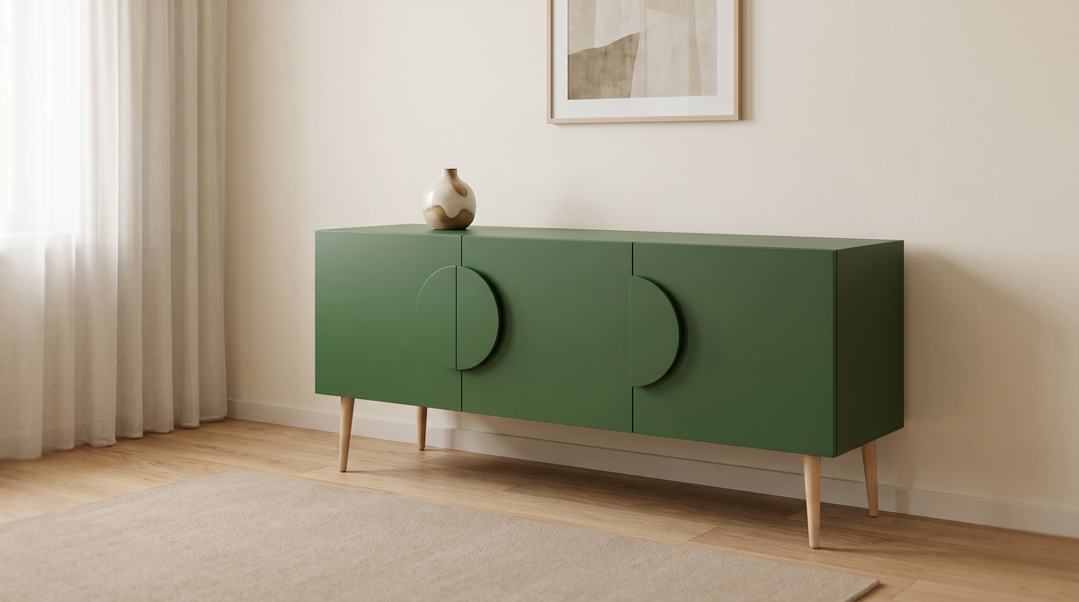 Alto Green storage cabinet styled in a calm living room