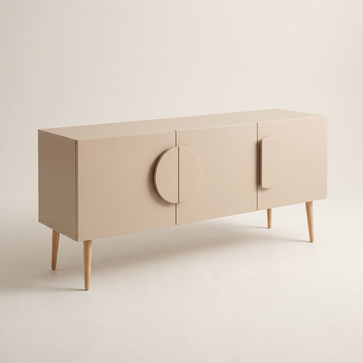 Alto Ivory storage cabinet in matte ivory-beige with half-disc handles and tapered wooden legs, front three-quarter view
