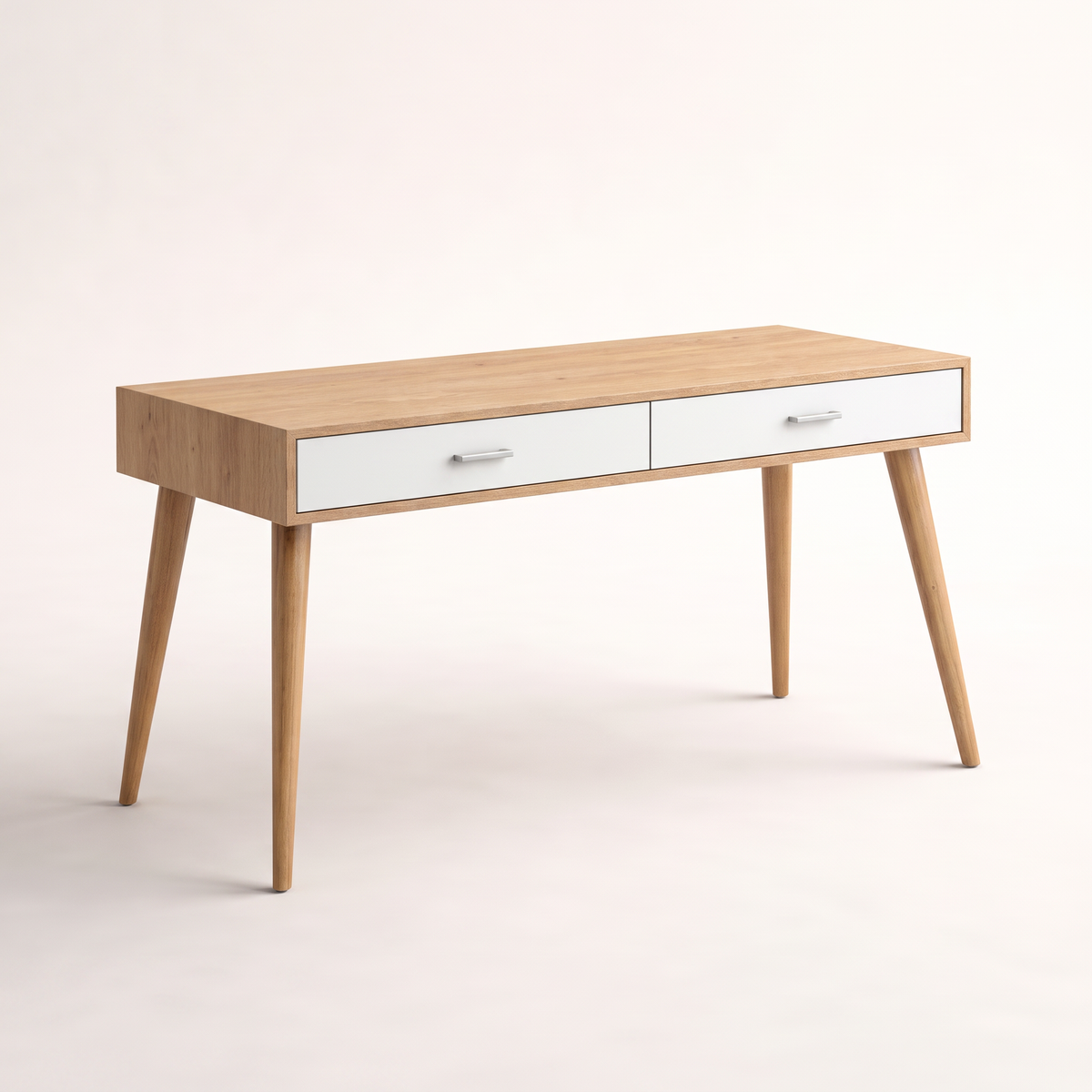 Arc Desk study desk in light wood veneer with white drawers and tapered legs, front three-quarter view