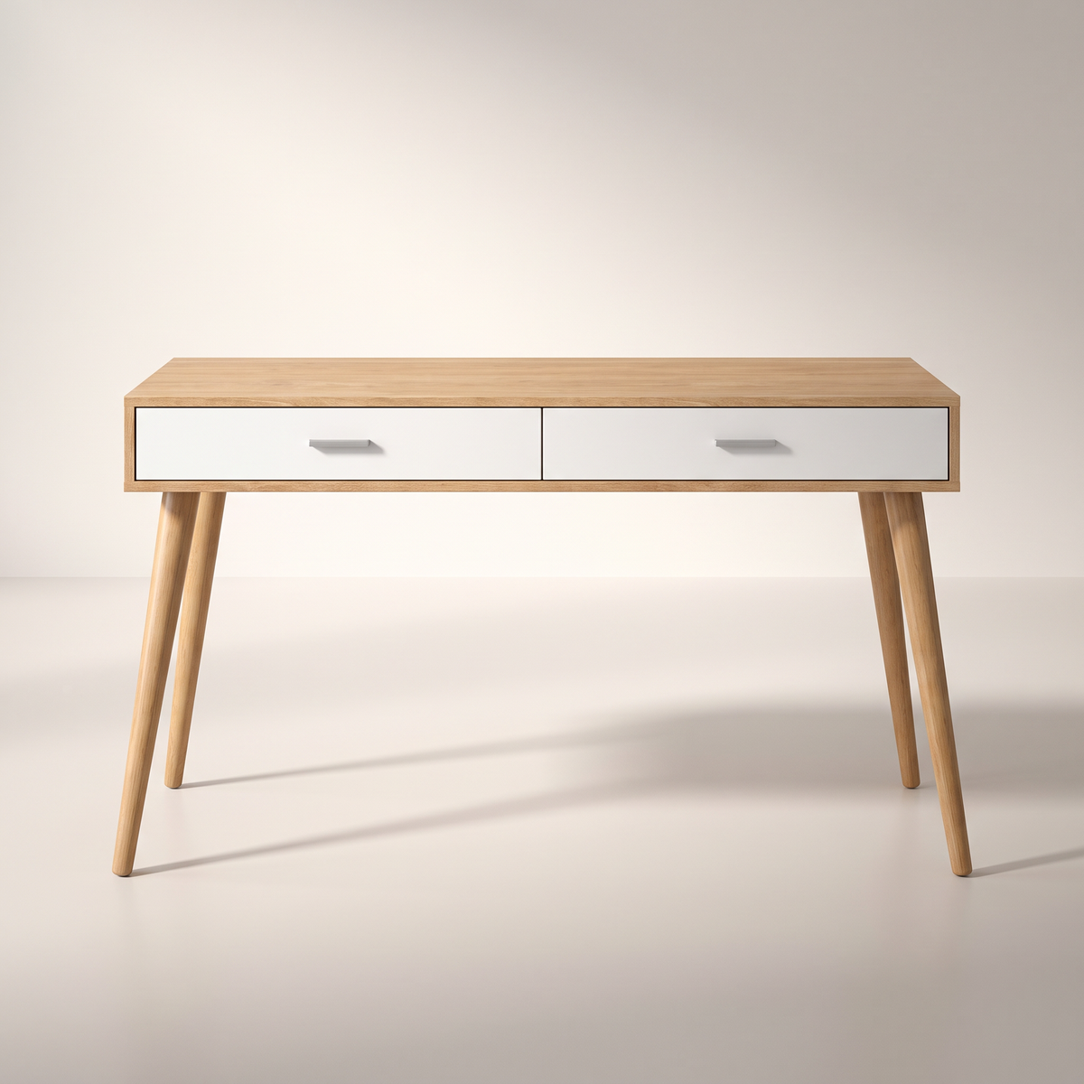 Arc Desk study desk in light wood veneer with two white drawers, front view