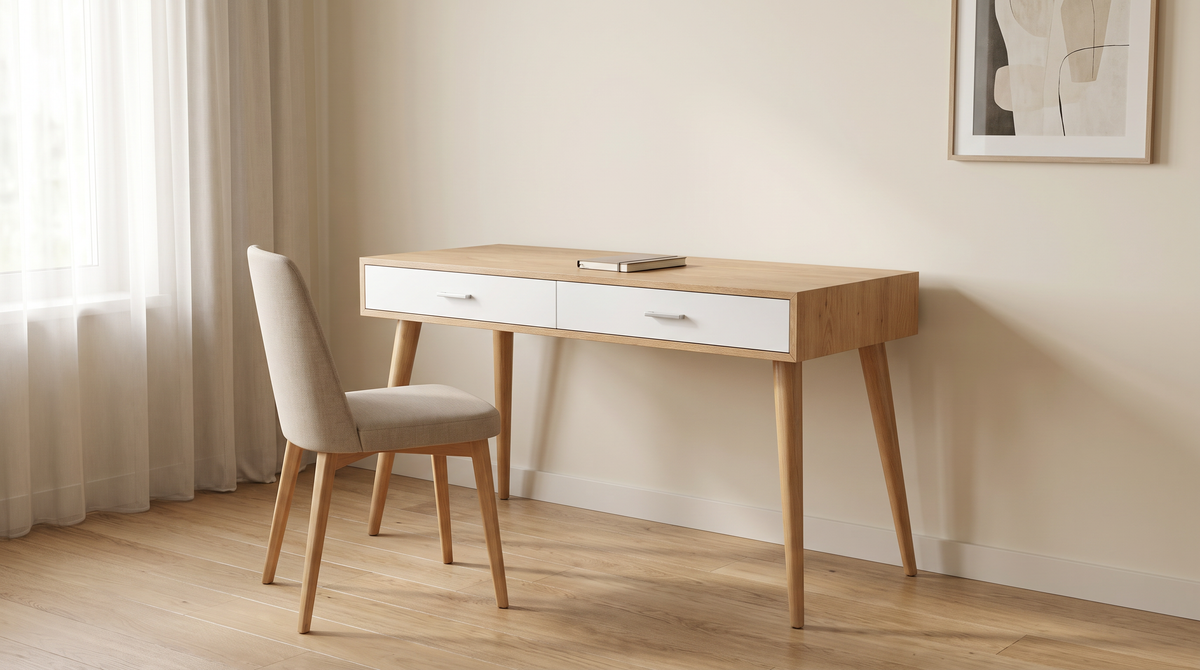 Arc Desk study desk styled in a calm home study