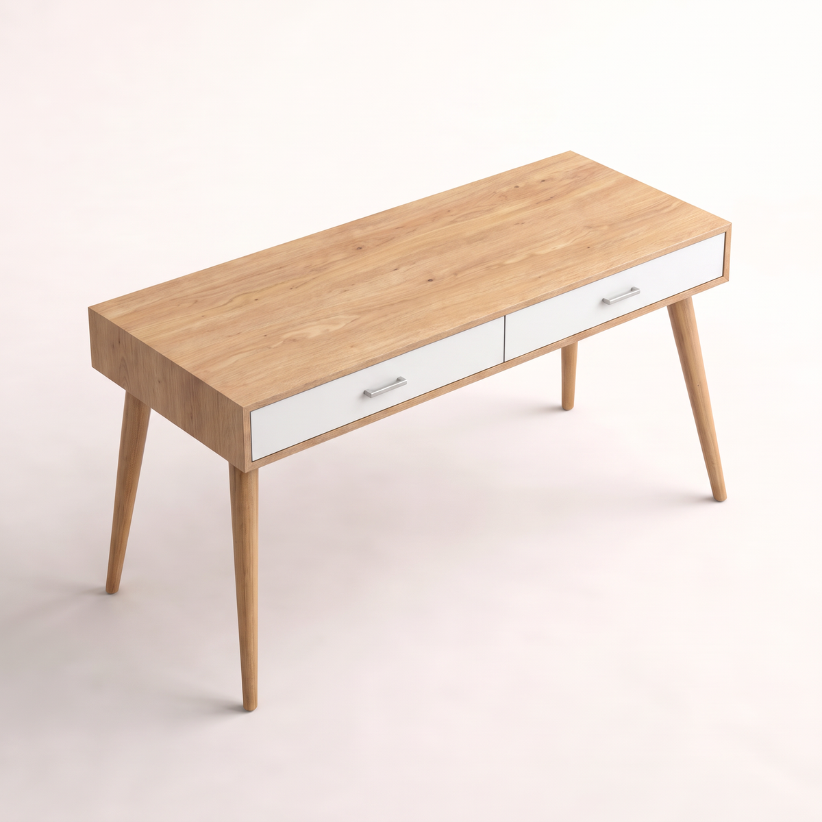 Arc Desk study desk in light wood veneer with white drawers, elevated top view