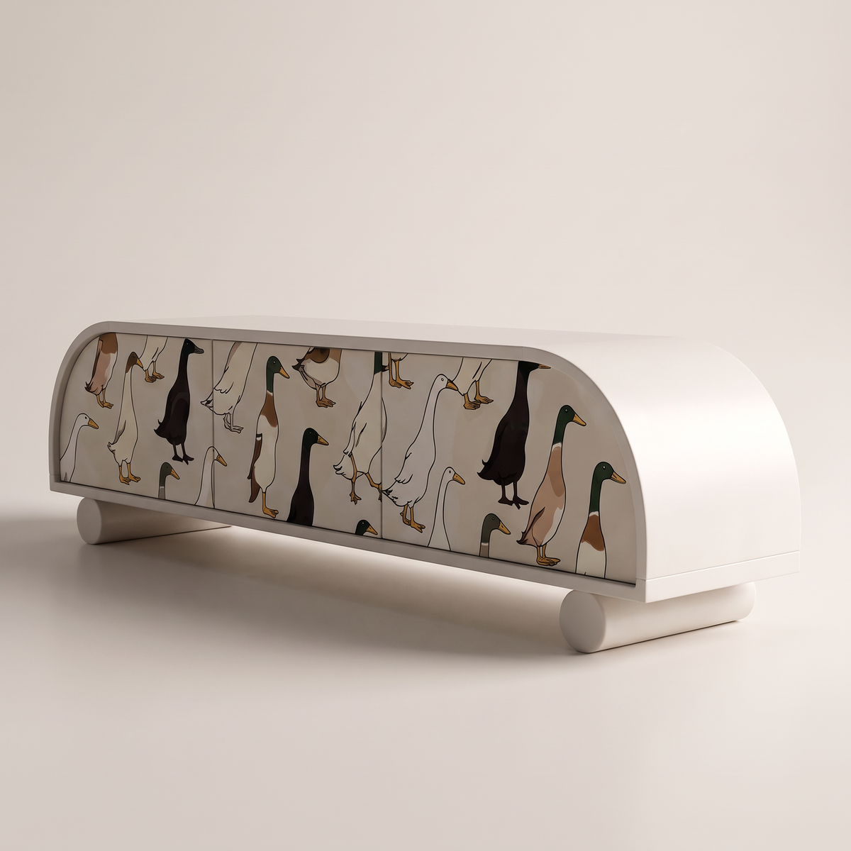 Arcade storage console in off-white PU with illustrated runner-duck wallpaper doors and cylinder feet, front-right three-quarter view