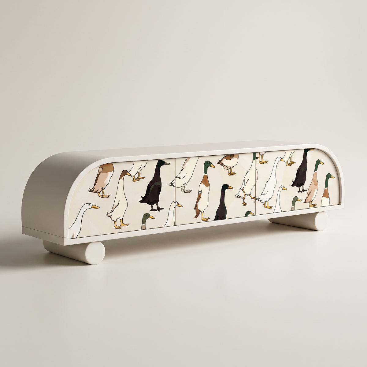 Arcade storage console in off-white PU with illustrated runner-duck wallpaper doors, rounded top corners and cylinder feet, front three-quarter view