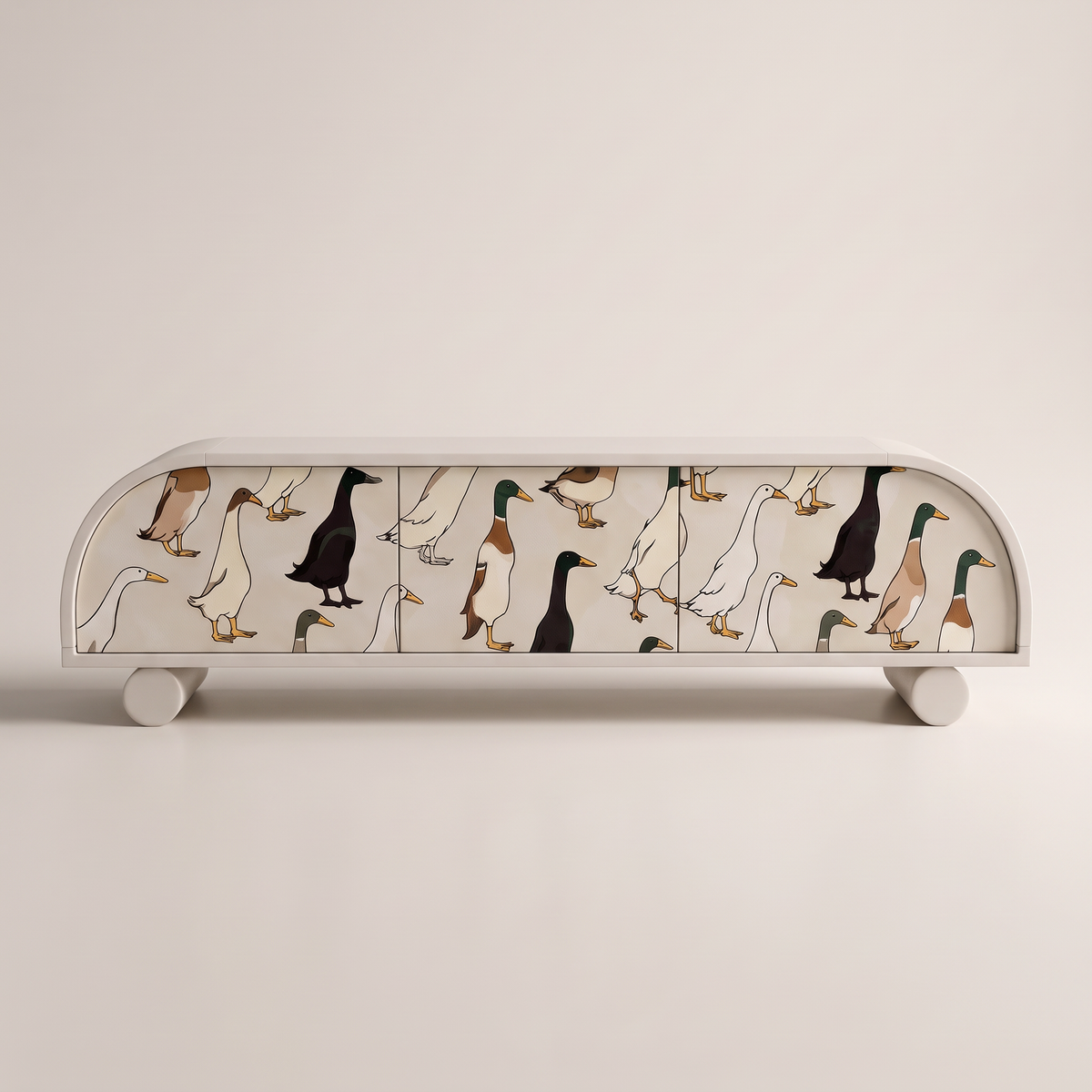 Arcade storage console in off-white PU with illustrated runner-duck wallpaper doors, front view