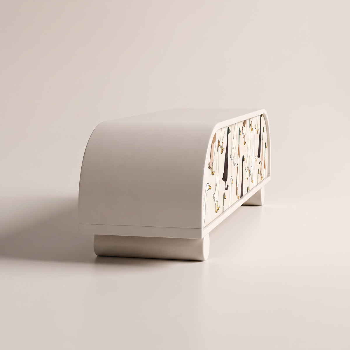 Arcade storage console in off-white PU with rounded top corners and cylinder feet, side profile view