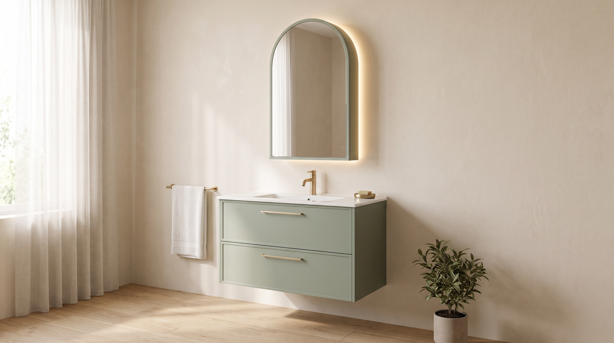 Arch Mirror Vanity in sage green with arched backlit mirror cabinet styled in a calm bathroom