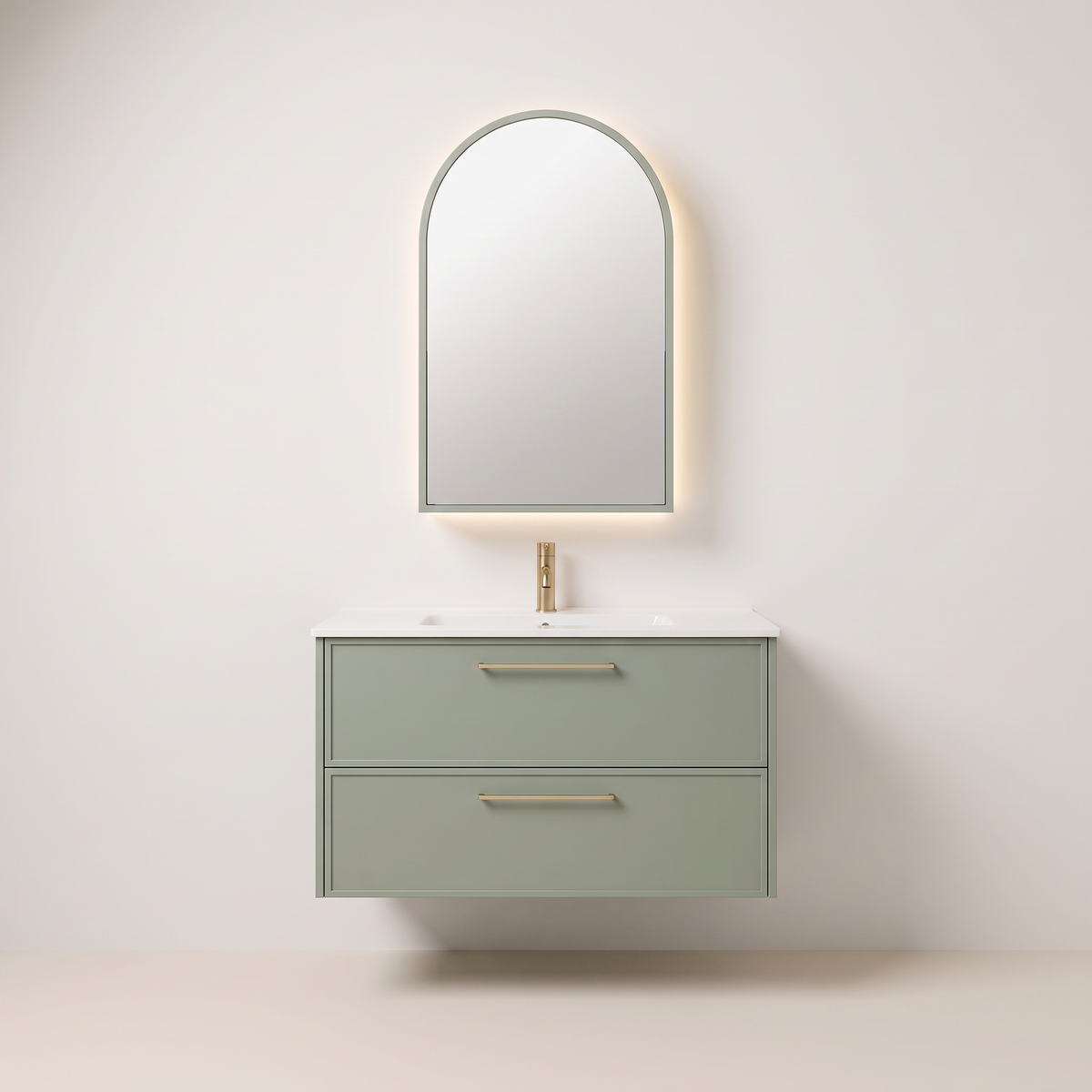Arch Mirror Vanity in sage green with arched LED-backlit mirror cabinet, straight front view