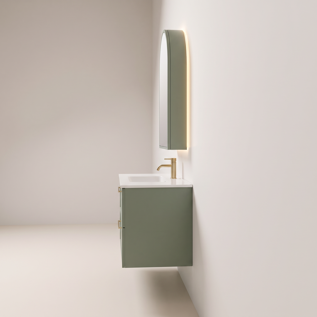 Arch Mirror Vanity side profile showing the floating sage vanity and shallow arched mirror cabinet