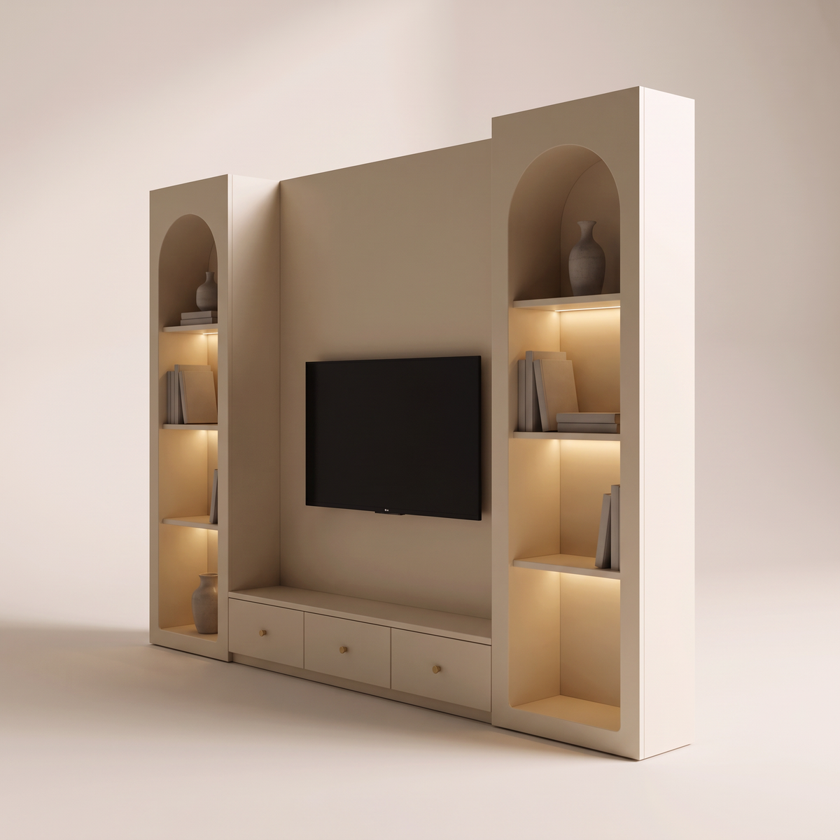 Archway Media Wall ivory TV wall unit with arched niches, front-right three-quarter view