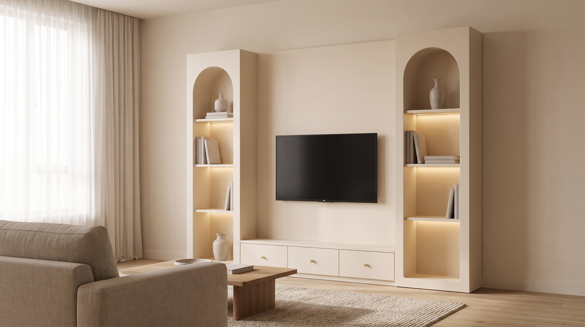Archway Media Wall styled in a calm living room