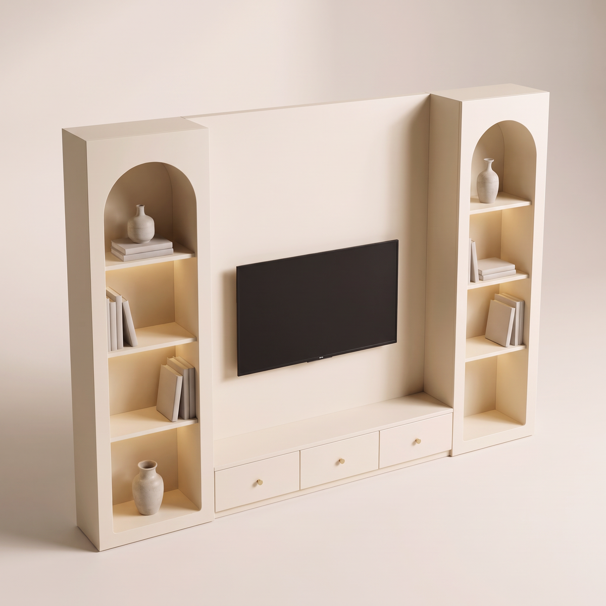 Archway Media Wall ivory TV wall unit, elevated view showing the niche towers and drawer console