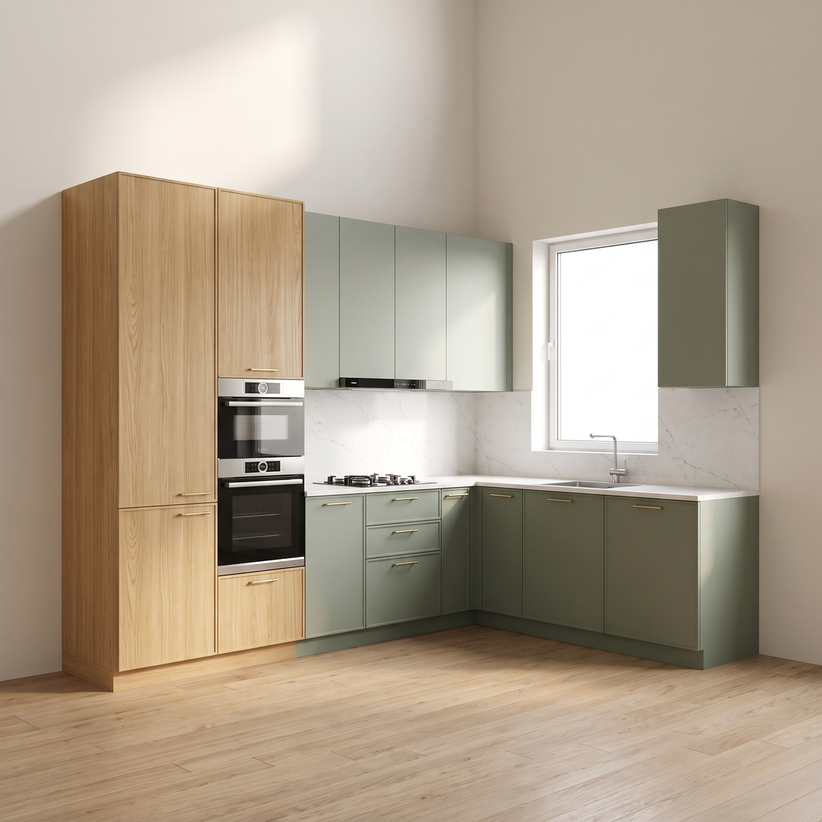Arden L-Kitchen modular kitchen with sage matte lacquer cabinets, brass bar pulls, honey ash tall units and white quartz worktop, front three-quarter view