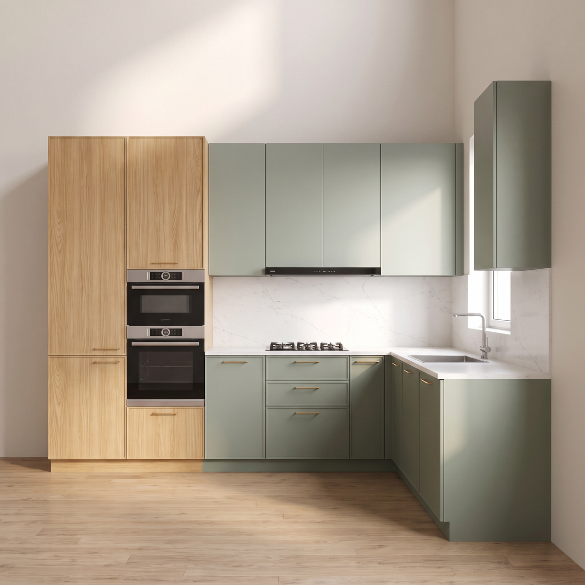 Arden L-Kitchen in sage and honey ash, straight front elevation of the full run