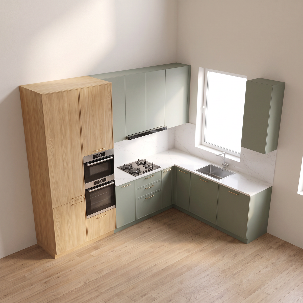 Arden L-Kitchen seen from above, showing the L-shaped white quartz worktop, hob and sink