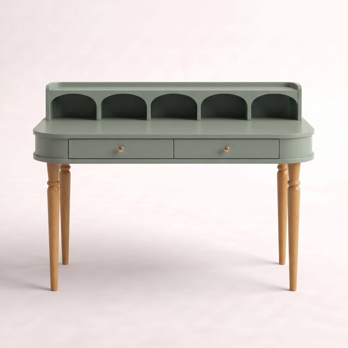 Atelier Sage writing desk in sage lacquer with five arched cubbies and two drawers, front view