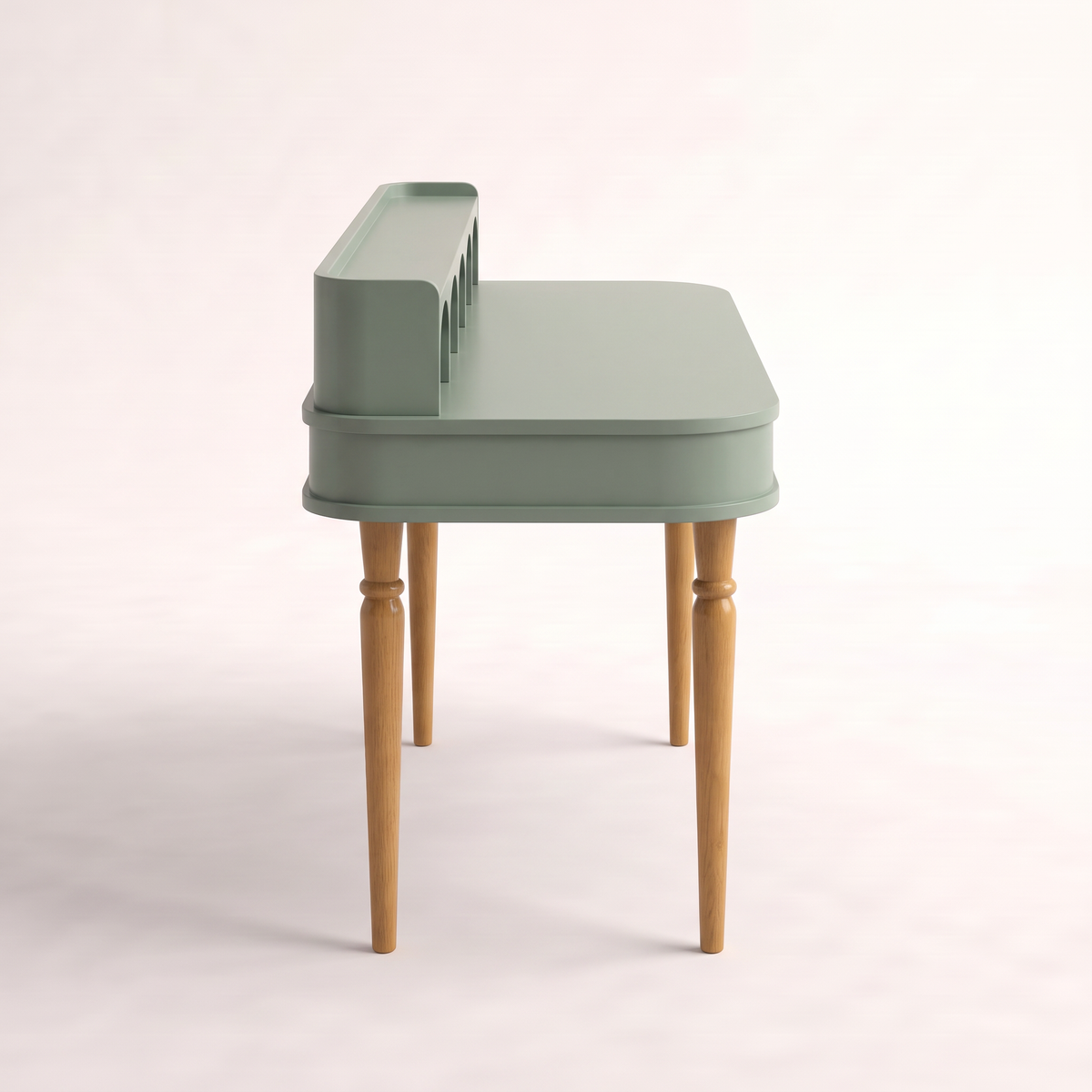 Atelier Sage writing desk in sage lacquer on turned ash legs, side profile
