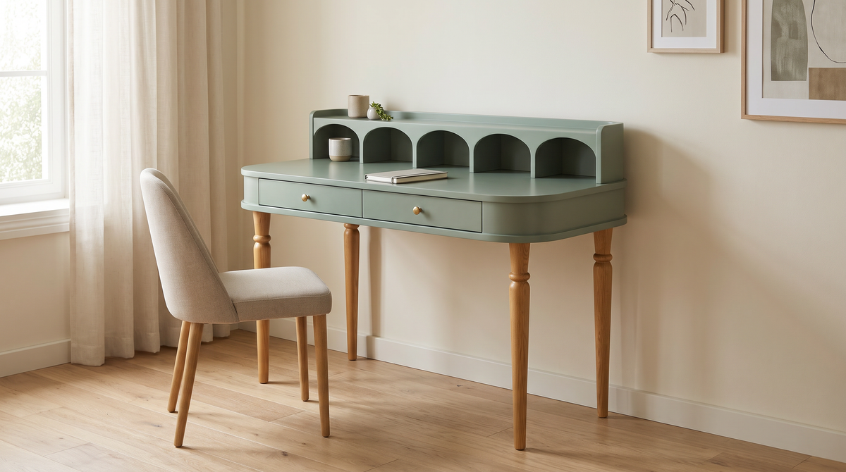 Atelier Sage sage writing desk styled in a calm home study