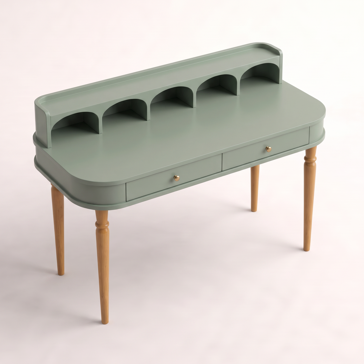 Atelier Sage writing desk in sage lacquer, elevated view of the rounded desktop and arched gallery