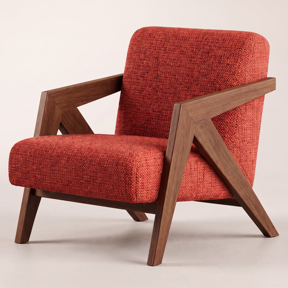Axis Red lounge chair in red tweed with angular walnut-tone wooden frame, front three-quarter view