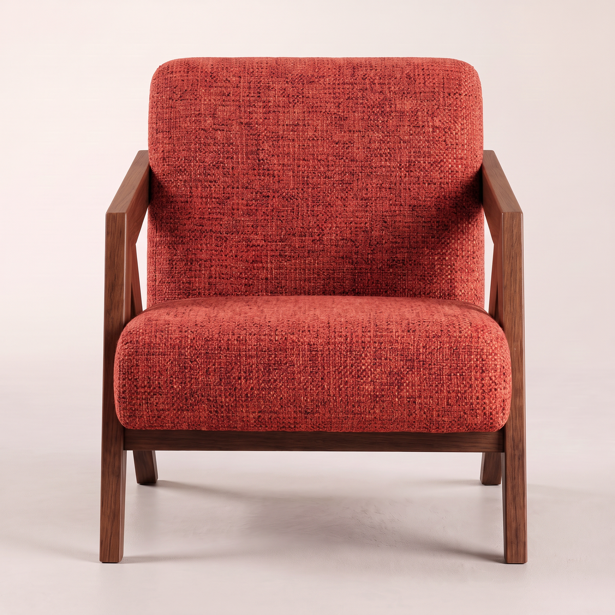Axis Red lounge chair in red tweed with angular walnut-tone wooden frame, front view