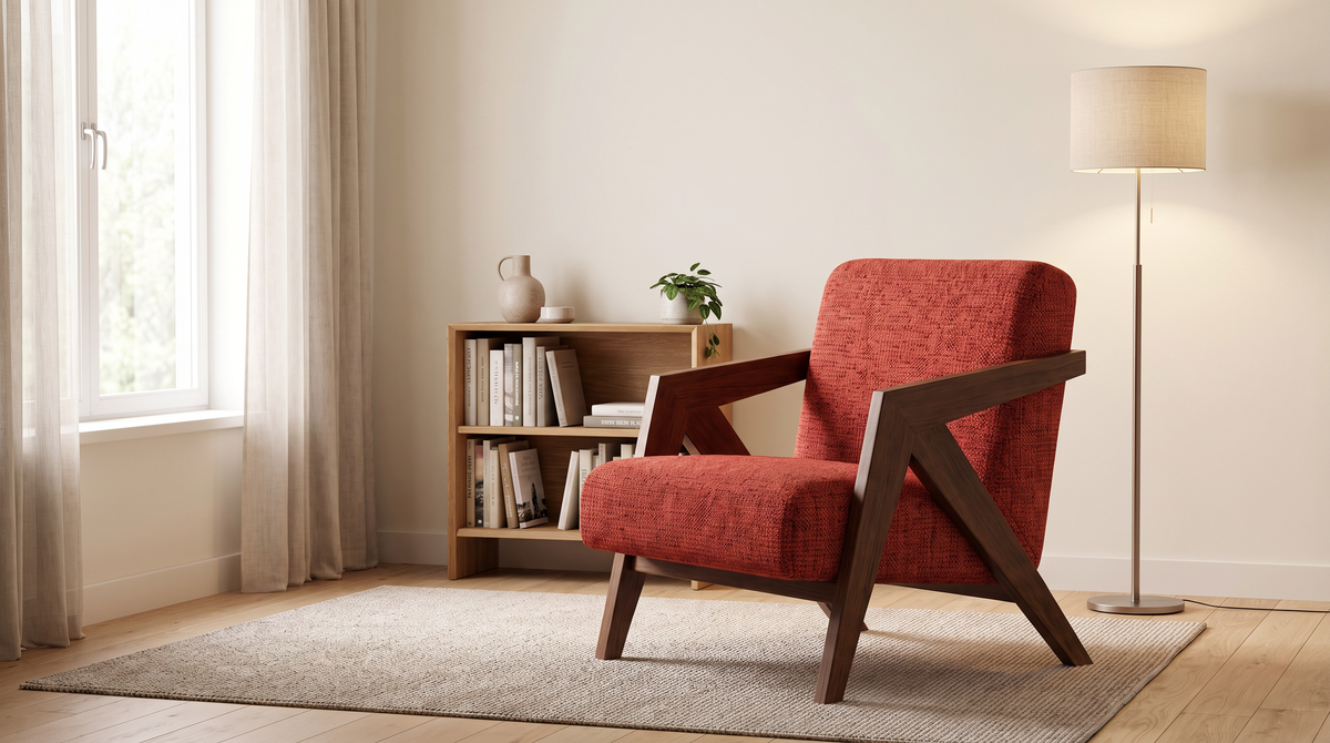 Axis Red lounge chair styled in a calm reading corner