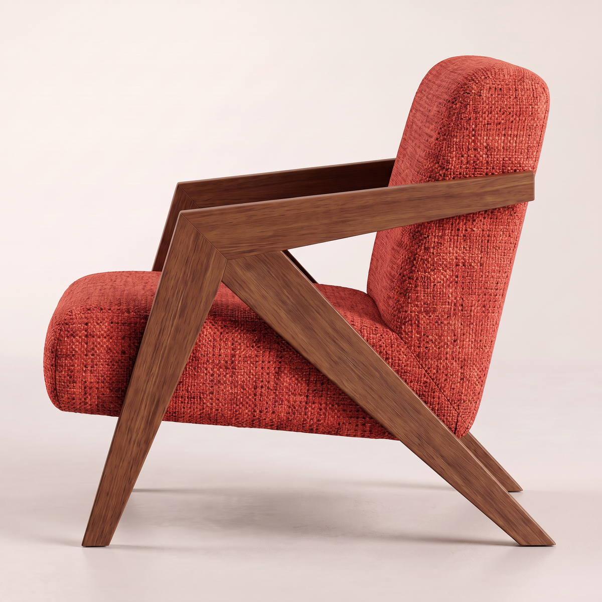 Axis Red lounge chair in red tweed showing its angular wooden side frame, side profile view
