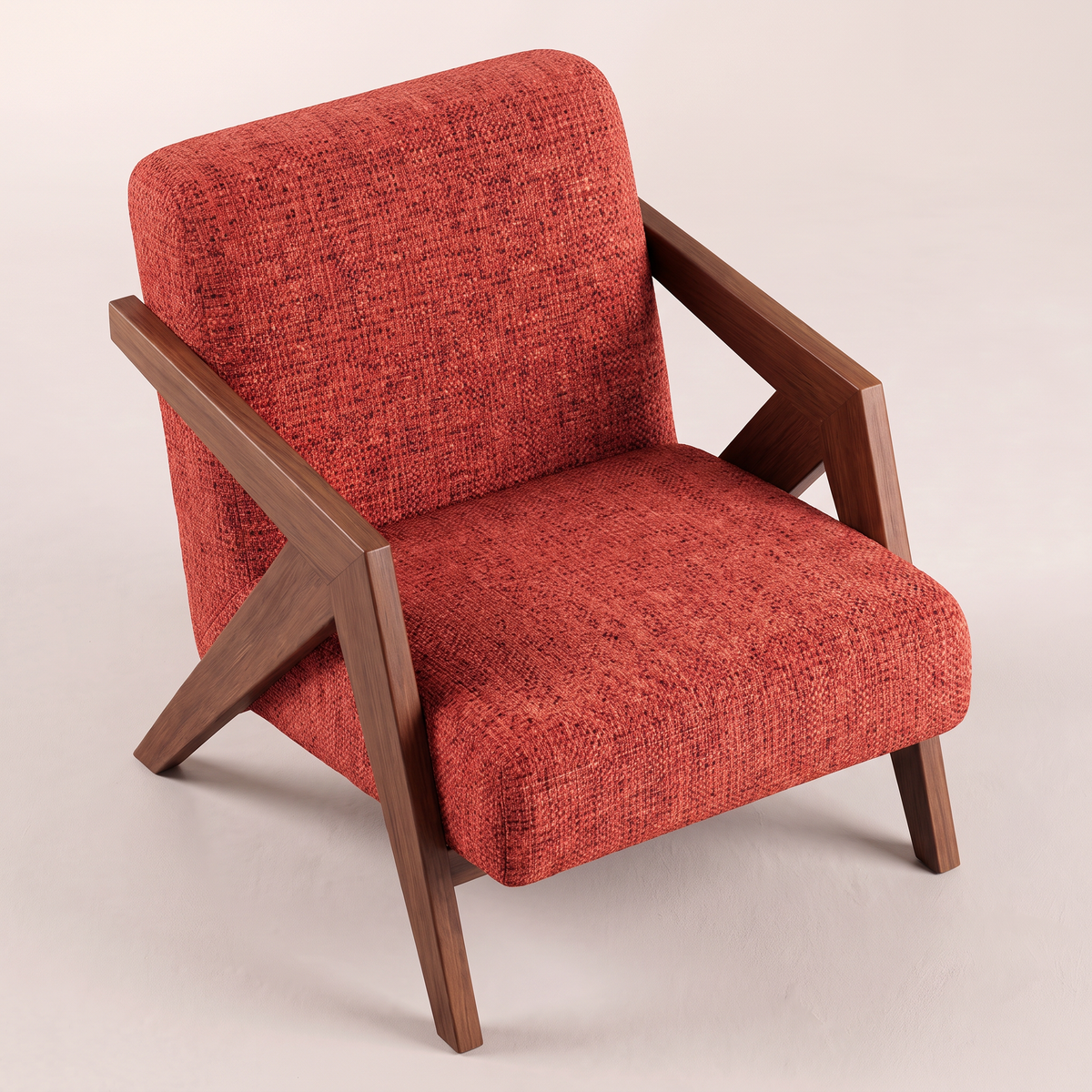 Axis Red lounge chair in red tweed with walnut-tone wooden frame, elevated view from above