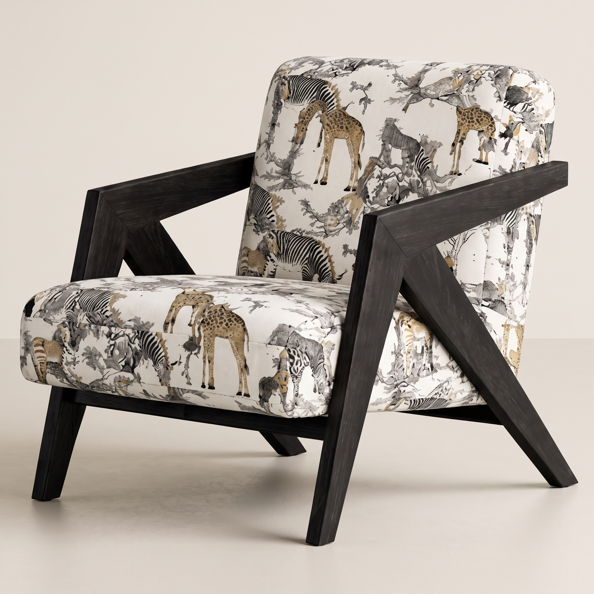 Axis Safari lounge chair in ivory safari animal print with angular black wooden frame, front three-quarter view