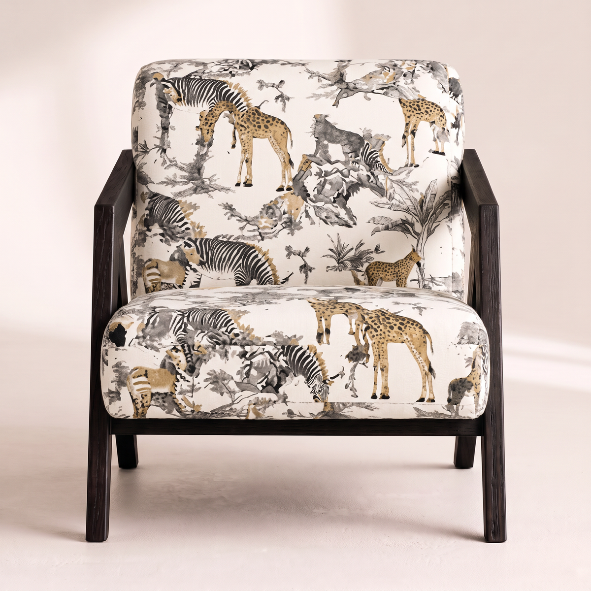 Axis Safari lounge chair in ivory safari animal print with angular black wooden frame, front view