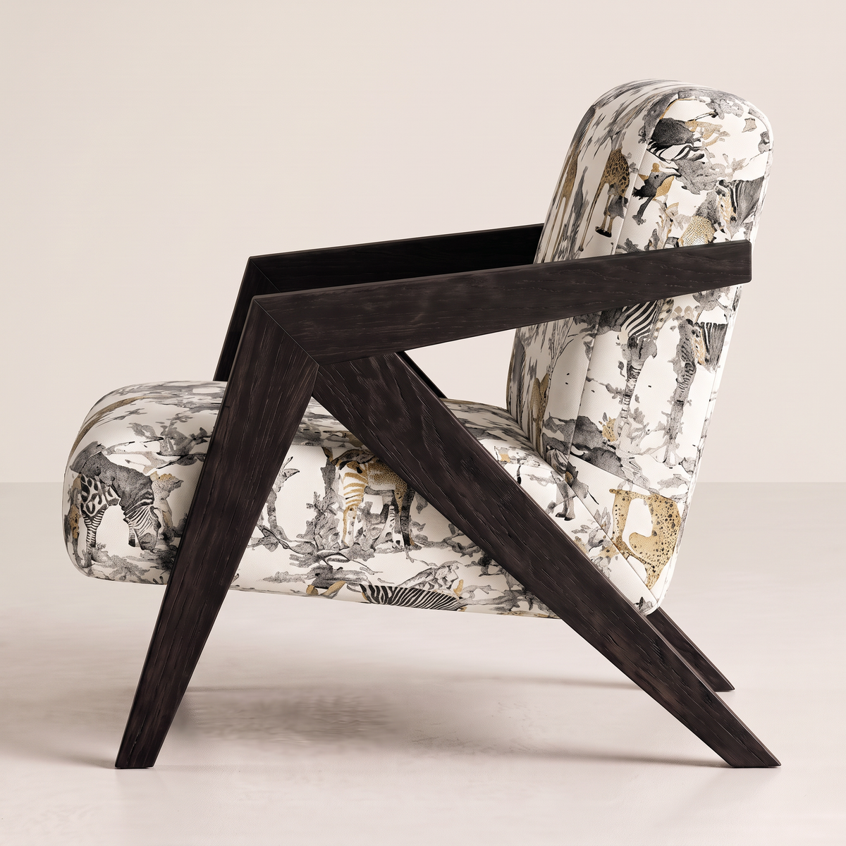 Axis Safari lounge chair showing its angular black wooden side frame, side profile view