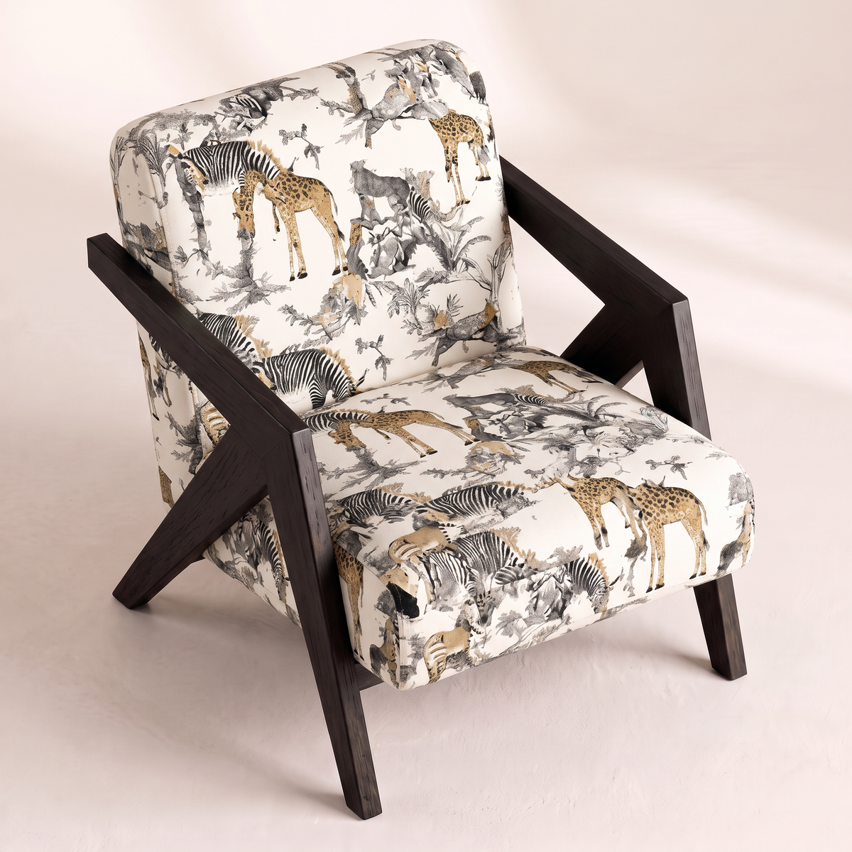 Axis Safari lounge chair in ivory safari animal print with black wooden frame, elevated view from above