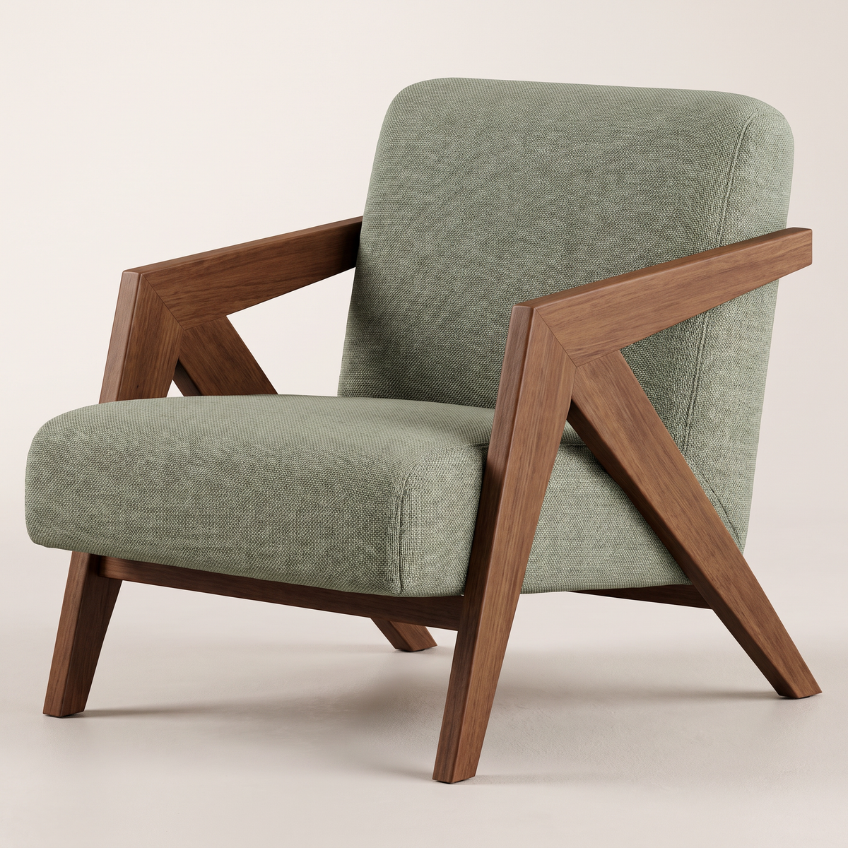 Axis Sage lounge chair in sage-green woven upholstery with angular walnut-brown timber frame, front three-quarter view