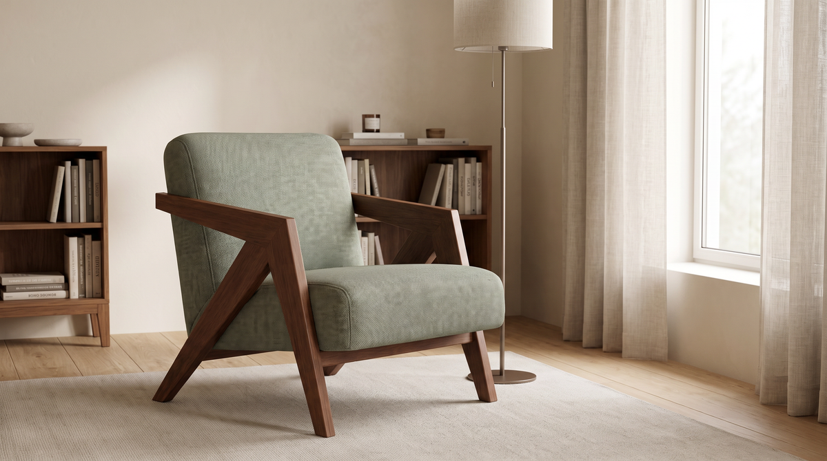 Axis Sage lounge chair styled in a calm reading corner beside a window and bookcase