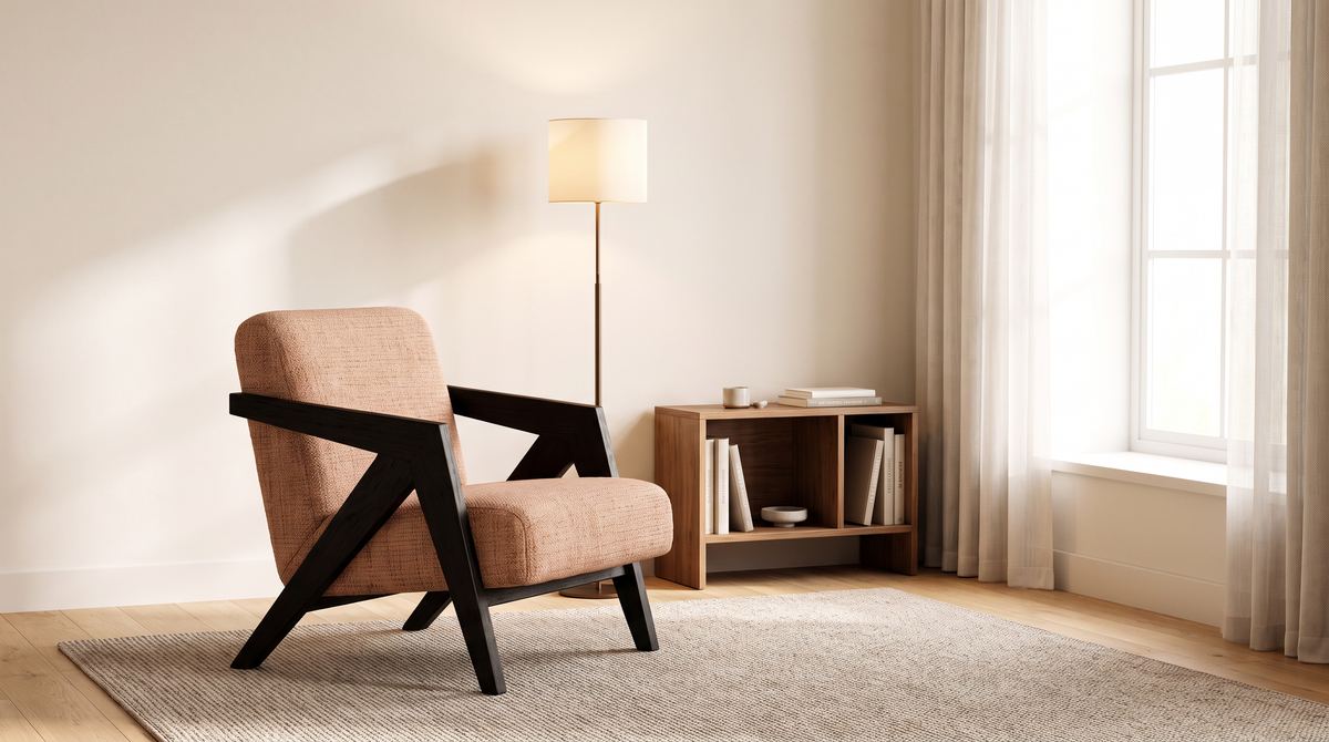 Axis Sand lounge chair styled in a calm reading corner