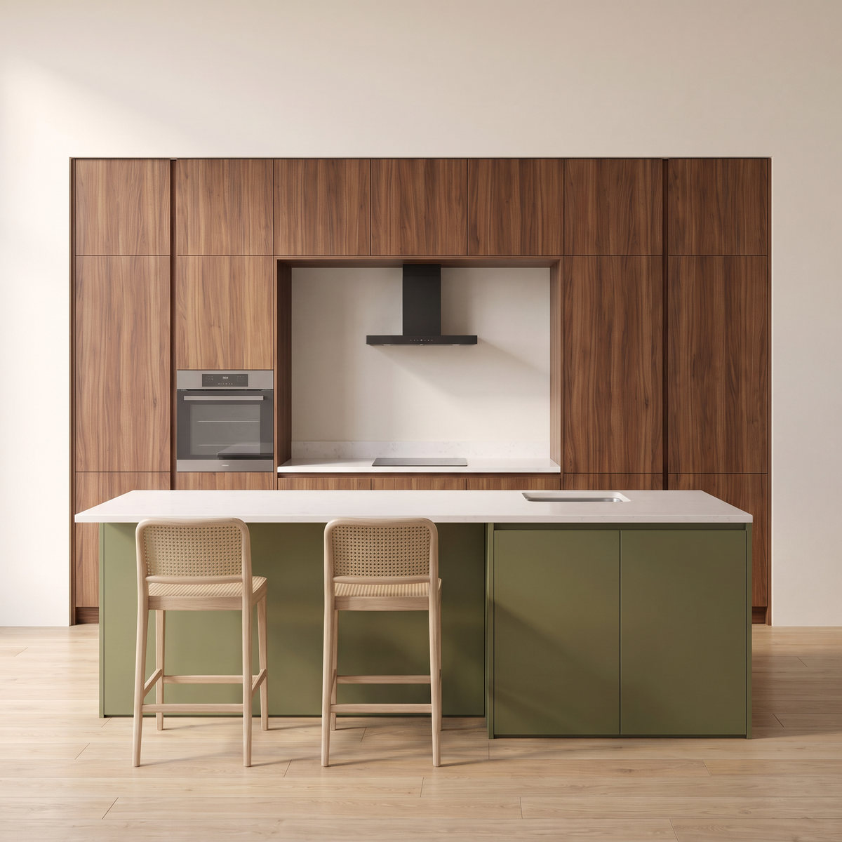 Banyan Island kitchen, straight front elevation of the walnut wall and olive island