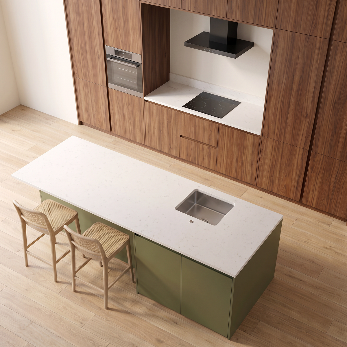 Banyan Island kitchen from above, showing the white quartz island top with sink and the hob niche