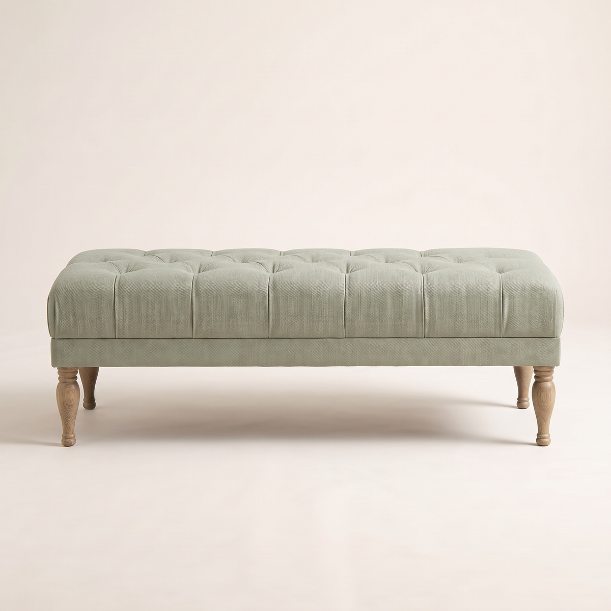Belmont Sage ottoman bench, straight front view of the full length