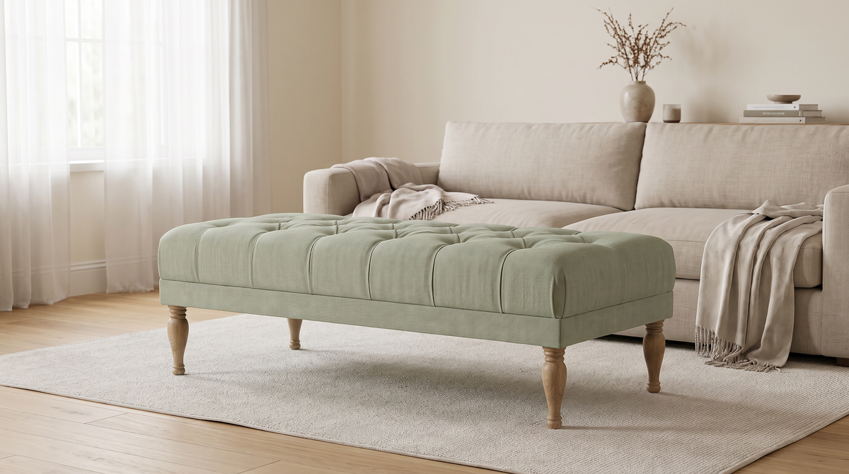 Belmont Sage ottoman bench styled in a calm living room on a pale rug