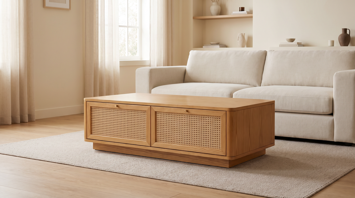 Bento Ash honey ash and cane coffee table styled in a calm living room in front of a neutral sofa