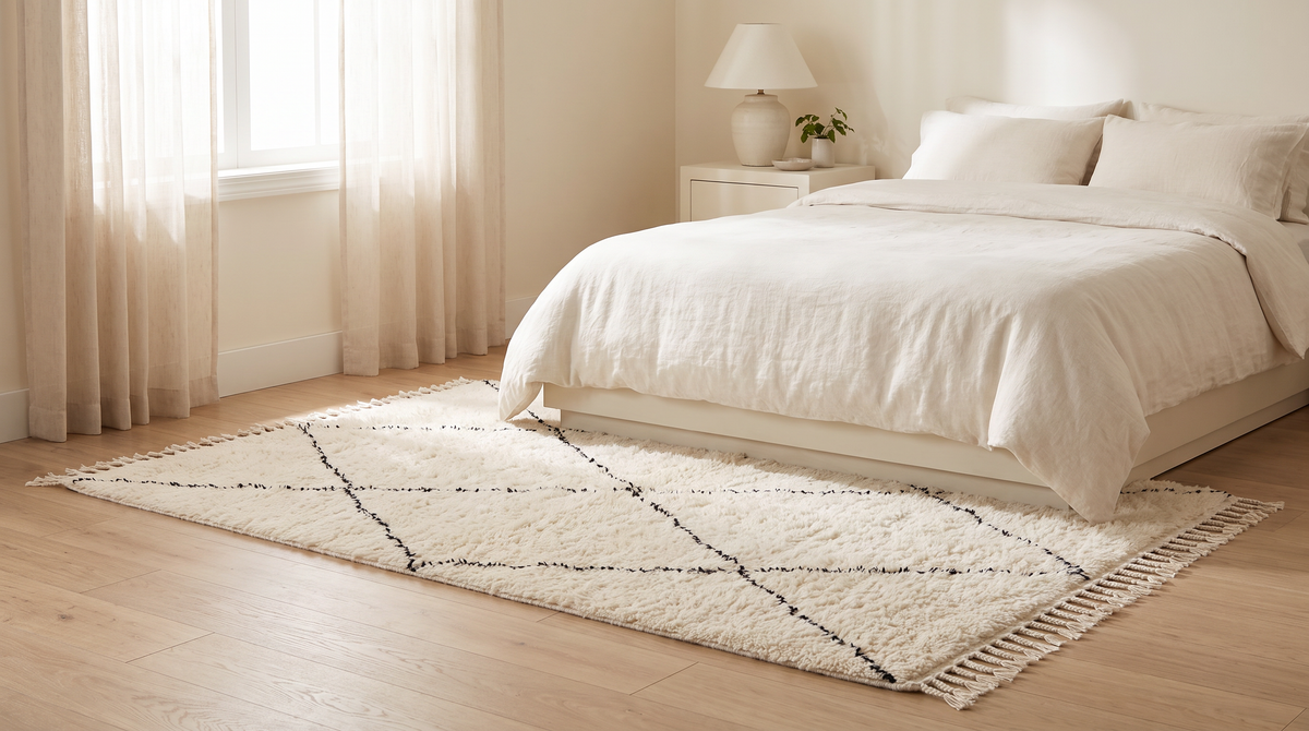 Berber Cloud Shag styled beside a bed in a calm bedroom