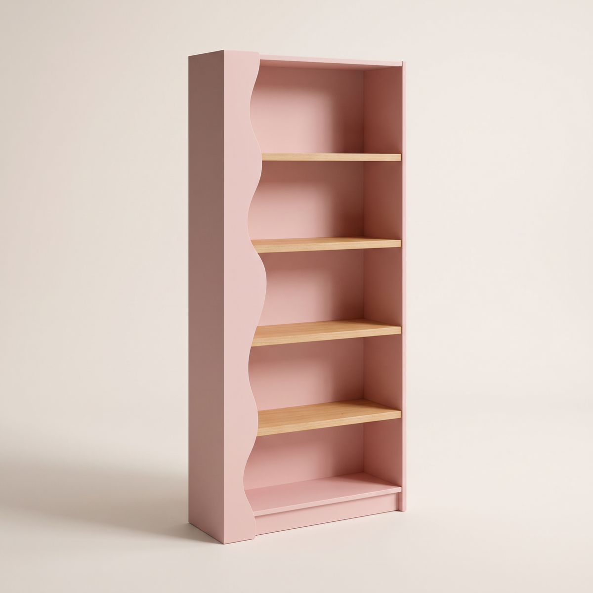Blush Wood bookcase in blush pink with wavy side and light wood veneer shelves, front three-quarter view