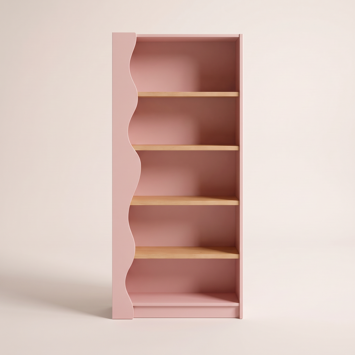 Blush Wood bookcase in blush pink with wavy side and light wood veneer shelves, front view